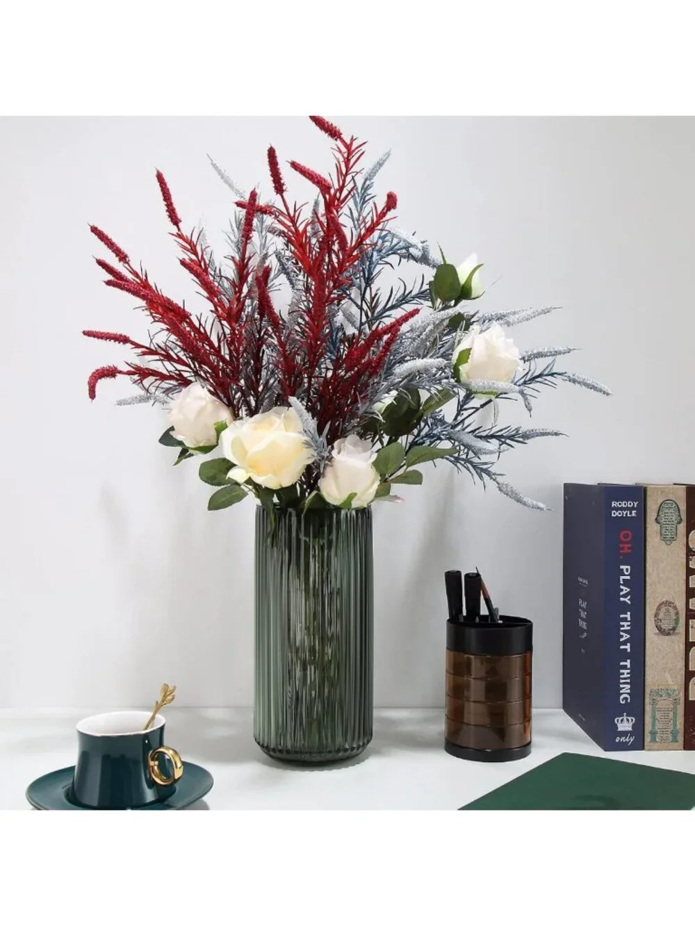 Large Ribbed Green Glass Vase - Perfect for Farmhouse Dining Table Centerpieces